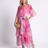 Calista - Sheer Layered V Neck Tie Waist Maxi Dress