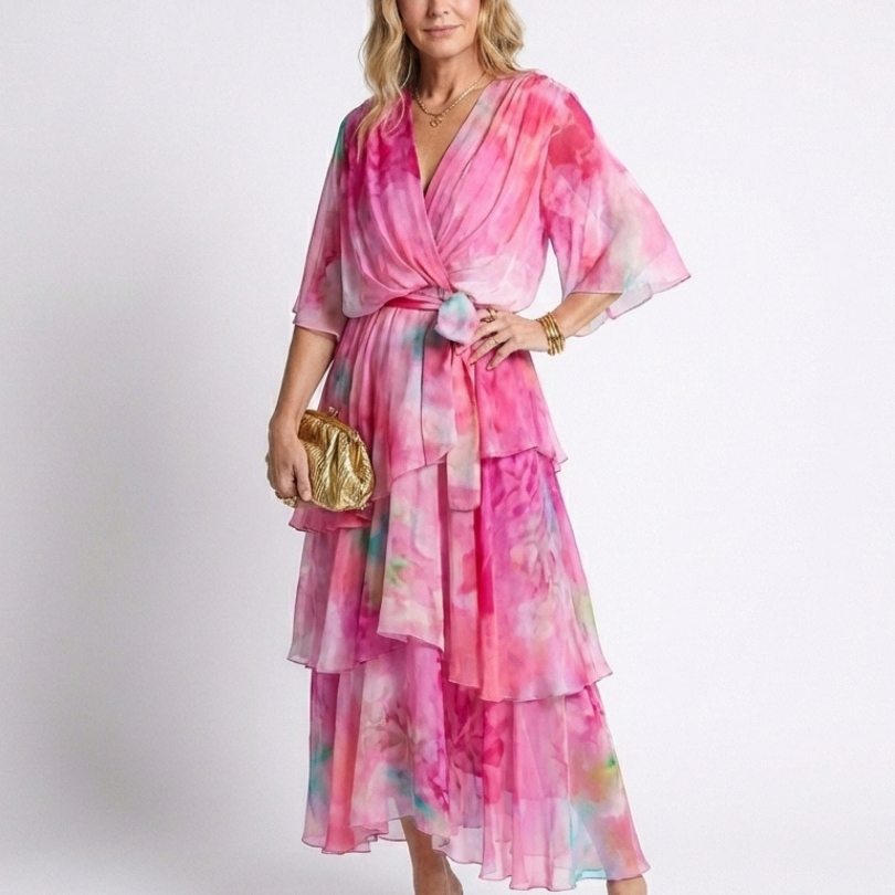 Calista - Sheer Layered V Neck Tie Waist Maxi Dress