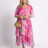Calista - Sheer Layered V Neck Tie Waist Maxi Dress