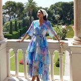 Calista - Sheer Layered V Neck Tie Waist Maxi Dress
