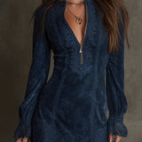 Eudora Vintage Blue Suede Lace Trim Mini Dress