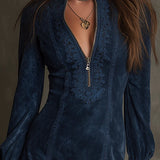 Eudora Vintage Blue Suede Lace Trim Mini Dress