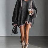 Eirya Loose-fitting Hooded Pink-trimmed Knitted Mini Dress