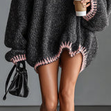 Eirya Loose-fitting Hooded Pink-trimmed Knitted Mini Dress