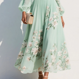 Lucy - Light Green Midi Dress in Chiffon with Floral Pleats