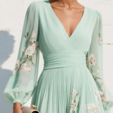 Lucy - Light Green Midi Dress in Chiffon with Floral Pleats