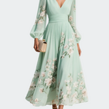 Lucy - Light Green Midi Dress in Chiffon with Floral Pleats