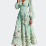Lucy - Light Green Midi Dress in Chiffon with Floral Pleats