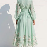 Lucy - Light Green Midi Dress in Chiffon with Floral Pleats