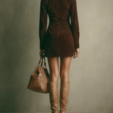 Gweneth Brown Faux Suede Stand Collar Zipper Mini Dress