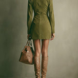 Gweneth Brown Faux Suede Stand Collar Zipper Mini Dress