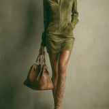 Gweneth Brown Faux Suede Stand Collar Zipper Mini Dress