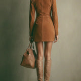 Gweneth Brown Faux Suede Stand Collar Zipper Mini Dress