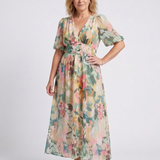 Eulalie - V Neck Short Sleeve Gathered Waist Midi Dress