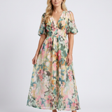 Eulalie - V Neck Short Sleeve Gathered Waist Midi Dress