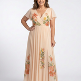 Calista - V Neck Short Sleeve Pleated Floral Maxi Dress