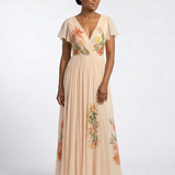 Calista - V Neck Short Sleeve Pleated Floral Maxi Dress