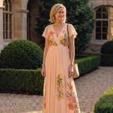 Calista - V Neck Short Sleeve Pleated Floral Maxi Dress