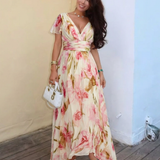 Elara - V Neck Short Sleeve Floral Maxi Dress