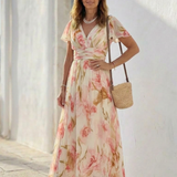 Elara - V Neck Short Sleeve Floral Maxi Dress