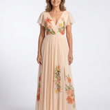Calista - V Neck Short Sleeve Pleated Floral Maxi Dress