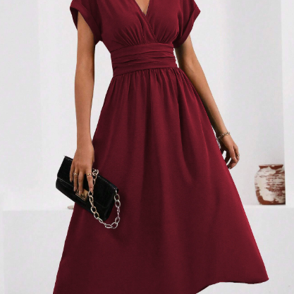 Lucyndra | V-Neck Pleated Waist Midi Dress