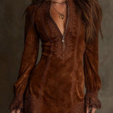 Eudora Vintage Blue Suede Lace Trim Mini Dress