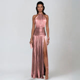 Emily – Metallic Halter Backless Dress